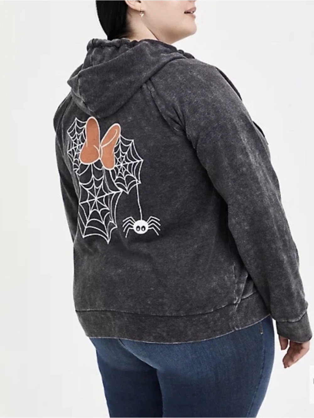 Disney Women’s Black Mineral-Wash Hoodie Jacket with Orange Bow & Spider Web